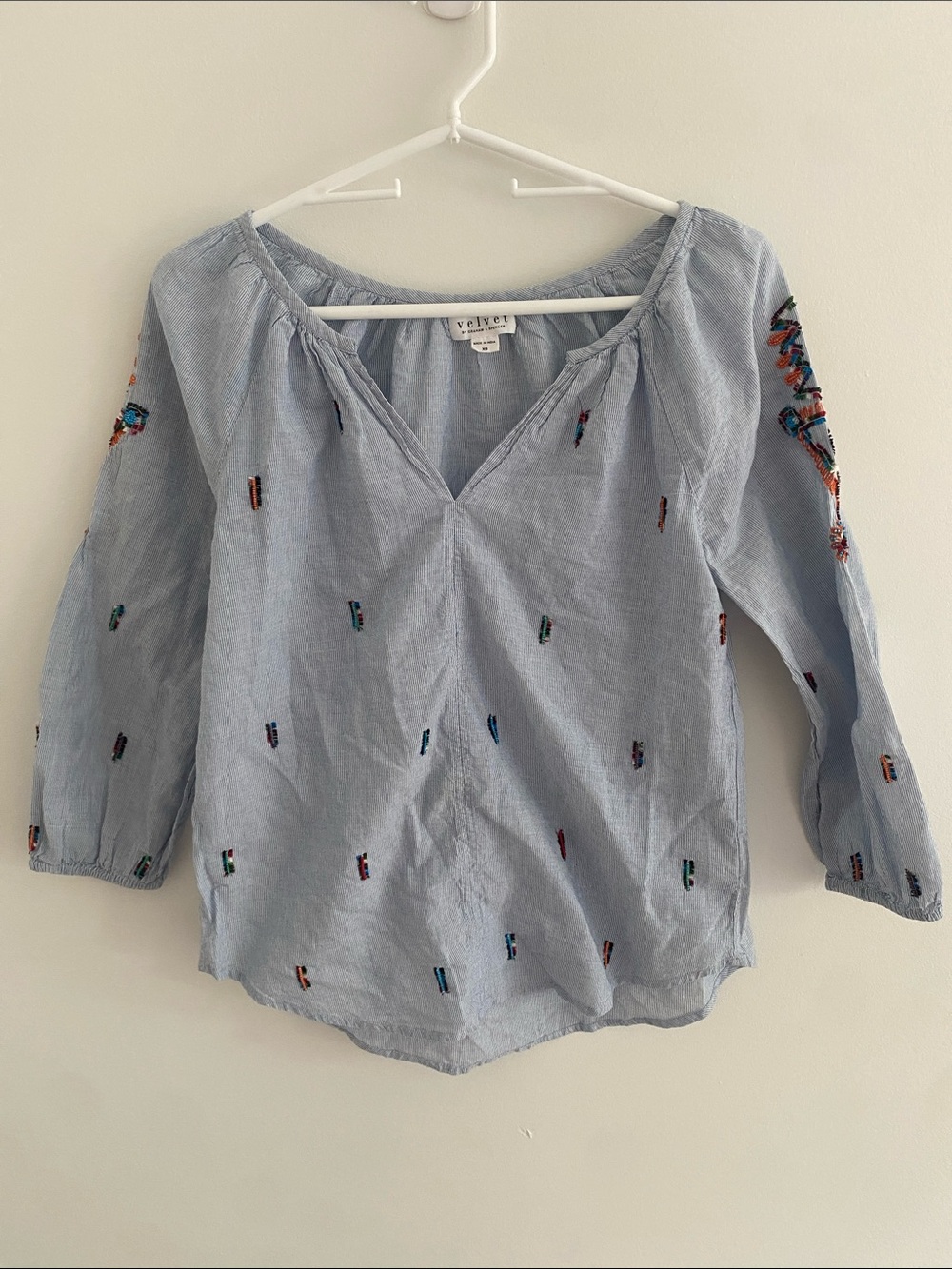 Anthropologie Velvet Graham & Spencer Beaded Striped Lightweight Peasant Top XS